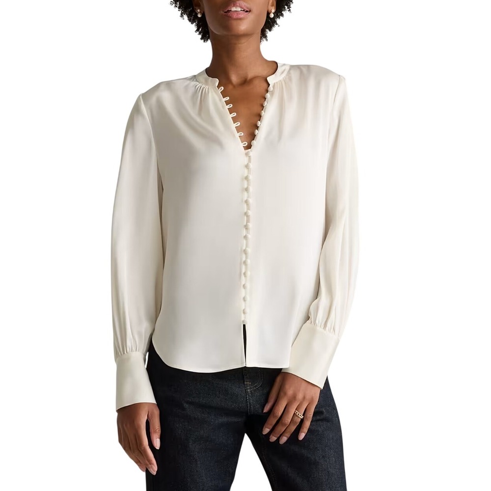 Quince Washable Stretch Silk Peasant Blouse Ivory L Button Front Quiet Luxury